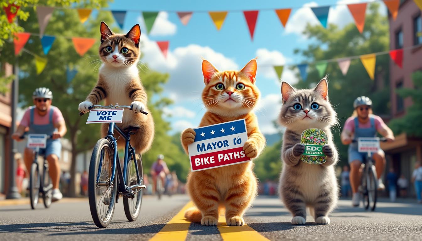 dans une ville du massachusetts, des chats candidats rivalisent pour devenir le maire idéal des pistes cyclables. découvrez cette comédie féline où humour et aventure se mêlent, mettant en avant le charme unique de ces animaux dans leur quête pour améliorer la vie des cyclistes.